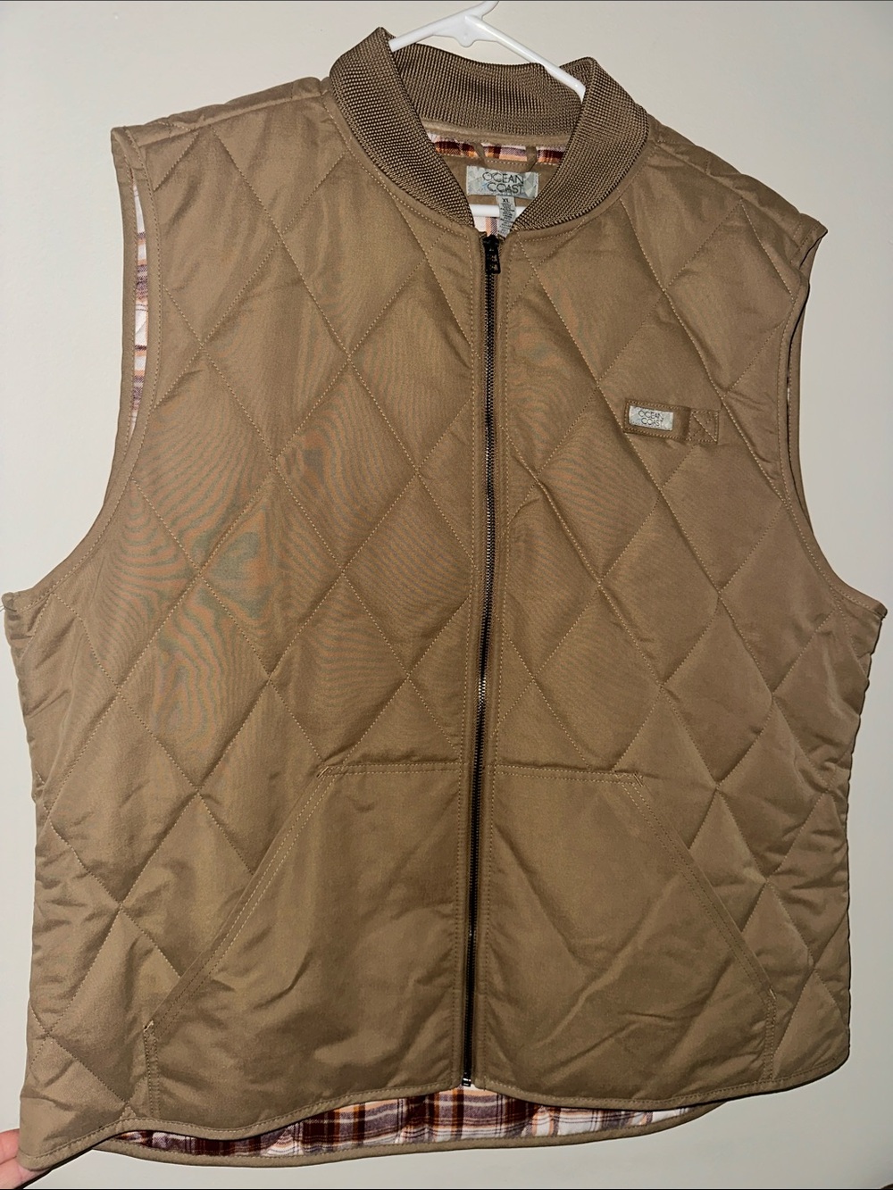 New! Ocean + Coast Outdoors Quilted Tan Work Vest w/ Plaid Lining